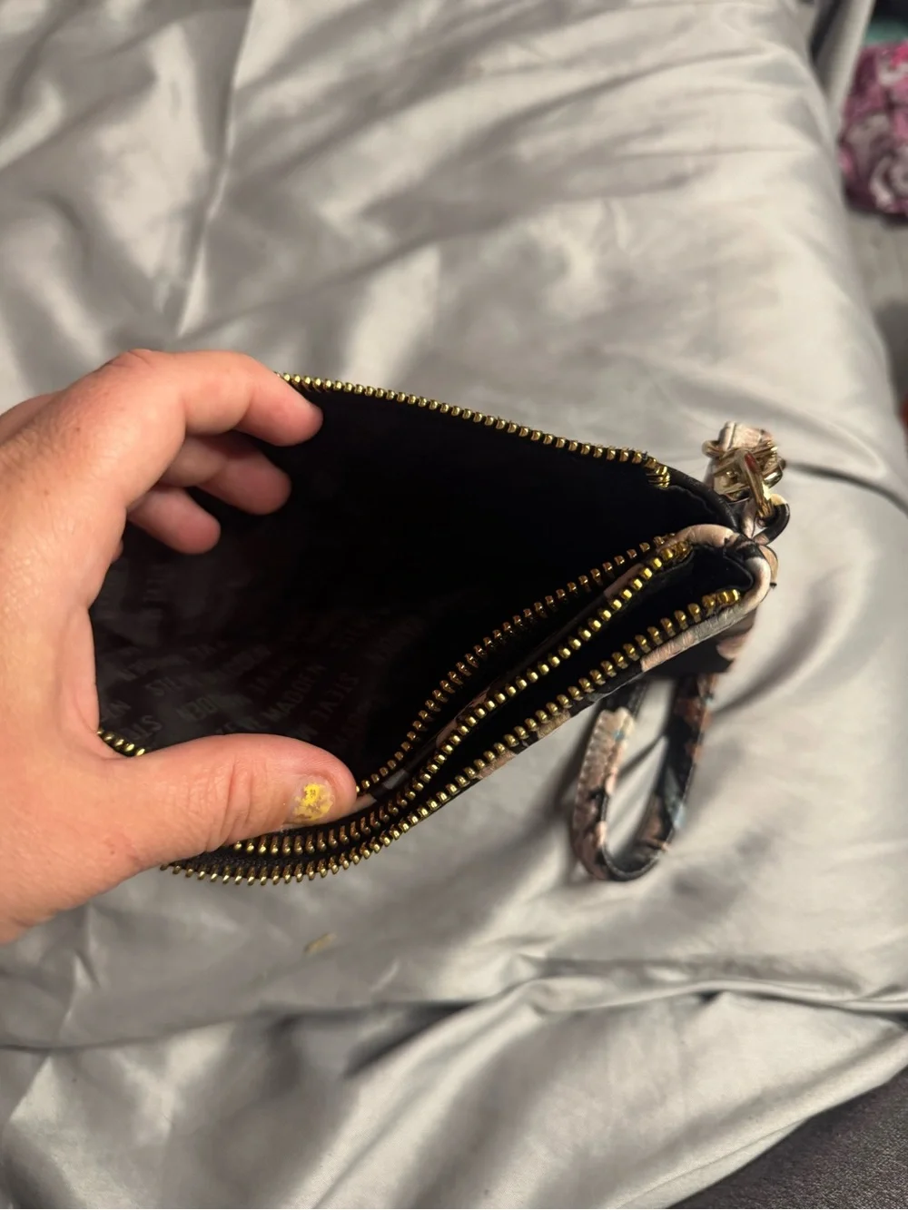 Steve Madden Black Floral Wristlet Crossbody with Gold Accent